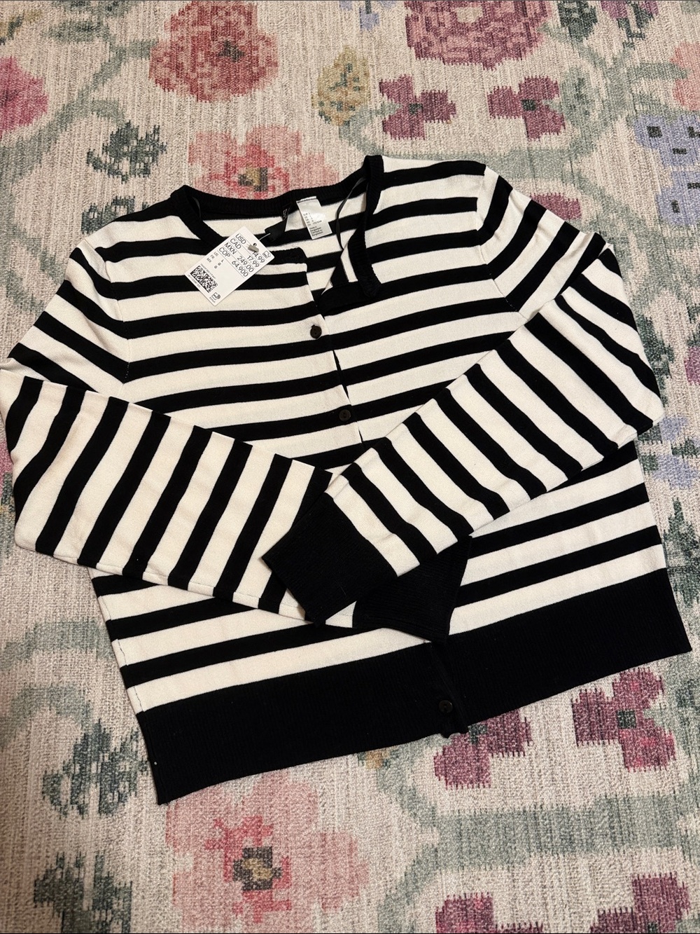 Black & White Striped Crewneck Cardigan Top